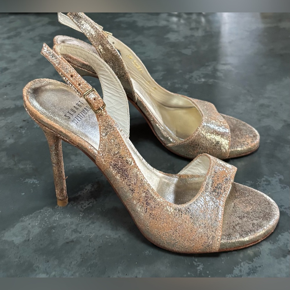 Stuart Weitzman “Reckless” Gold Suede Slingback Heels